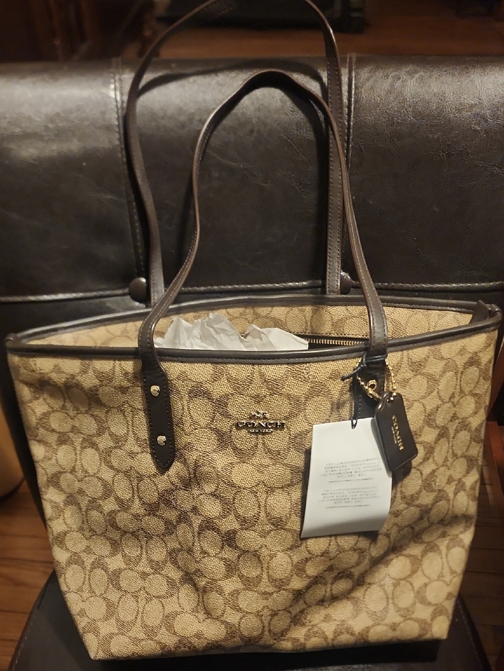 Coach Khaki/Brown Signature Canvas Tote with Leather Trim